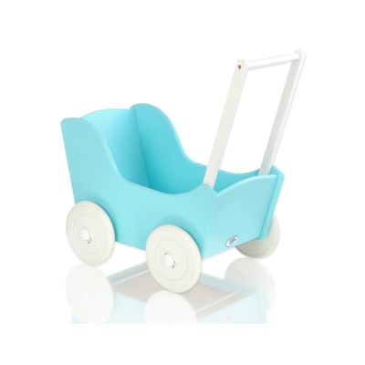Houten Poppenwagen met Dekentje Wit Turkoois