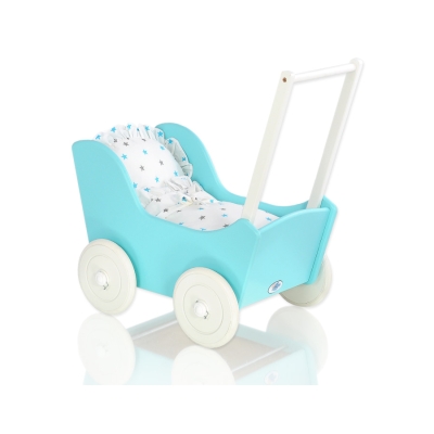 Houten Poppenwagen met Dekentje Wit Turkoois