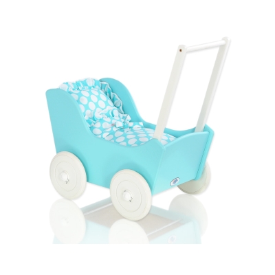 Houten Poppenwagen met Dekentje Wit Turkoois