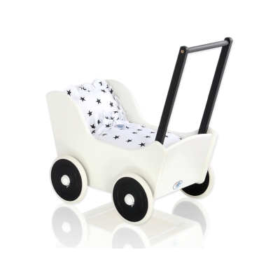 Houten Poppenwagen met Dekentje Wit Zwart