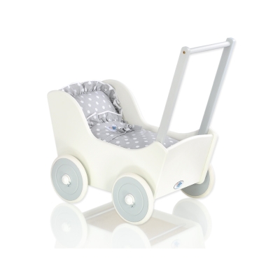 Houten Poppenwagen Wit Grijs Polkaprikker