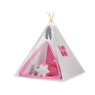 MINI TIPI SET: Tipi-tent + speelmat + GRATIS decoratieve veren Roze Grijs Geruit