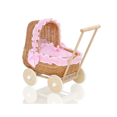 Natuurlijke Poppenwagen van Riet Roze Wit Polkaprikker
