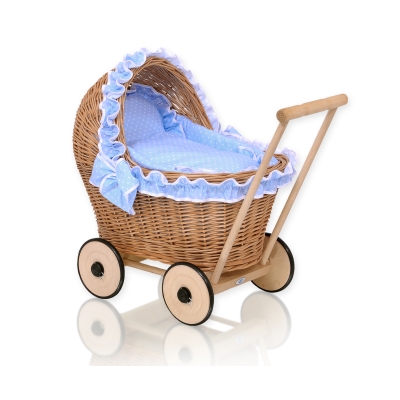 Natuurlijke Poppenwagen van Riet Wit Blauw Polkaprikker
