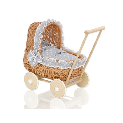 Natuurlijke Poppenwagen van Riet Wit Grijs Polkaprikker