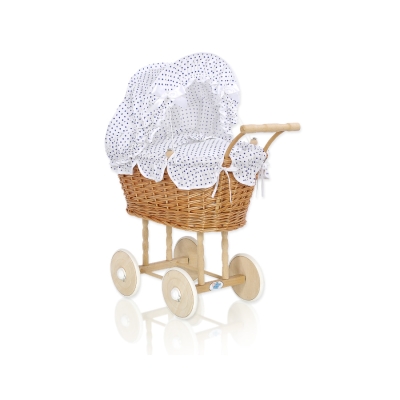 Natuurlijke Poppenwagen van Riet Wit Marineblauw Polkaprikker