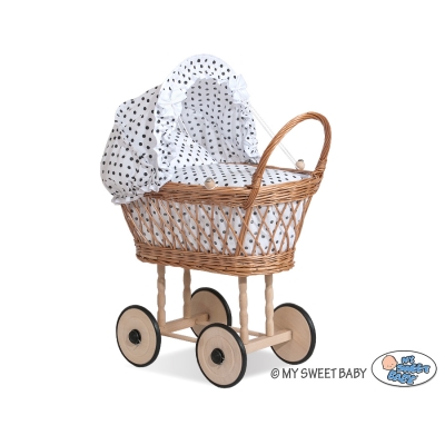 Natuurlijke Poppenwagen van Riet Wit Zwart Polkaprikker