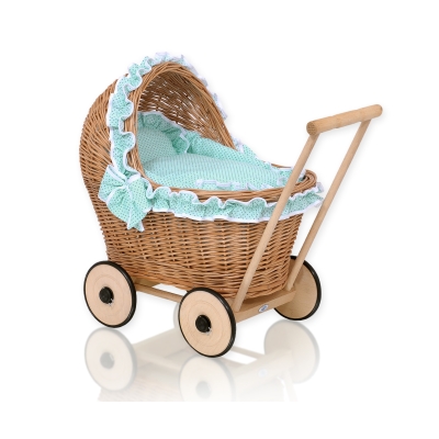 Natuurlijke Rieten Poppenwagen Mint Polkaprikker