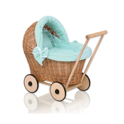 Natuurlijke Rieten Poppenwagen Mint Polkaprikker