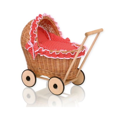 Natuurlijke Rieten Poppenwagen Rood Polkaprikker