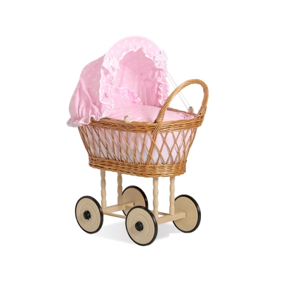 Natuurlijke Rieten Poppenwagen Roze