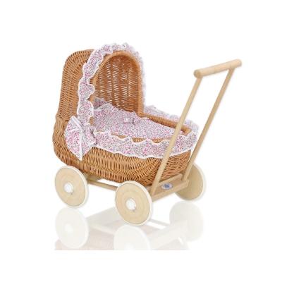 Natuurlijke Rieten Poppenwagen Roze Bloemenweide Bloemen
