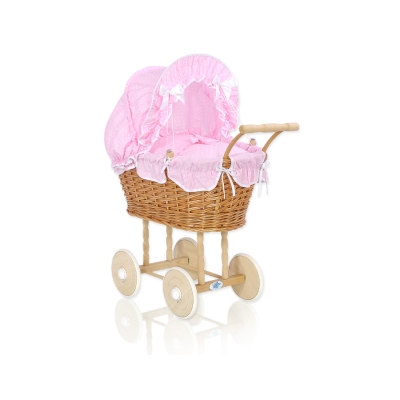 Natuurlijke Rieten Poppenwagen Roze Wit Polkaprikker