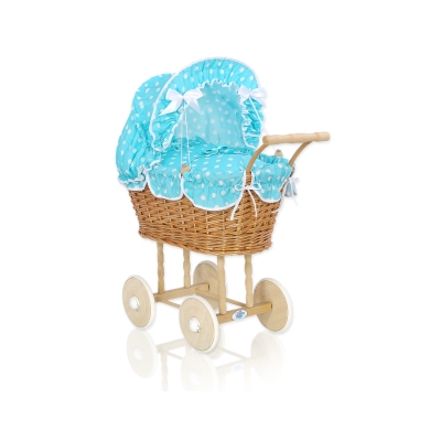 Natuurlijke Rieten Poppenwagen Turkoois Polkaprikker