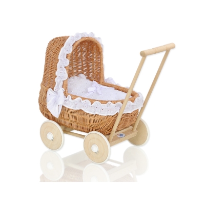 Natuurlijke Rieten Poppenwagen Wit