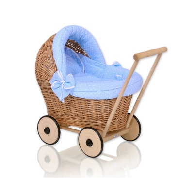 Natuurlijke Rieten Poppenwagen Wit Blauw Polkaprikker