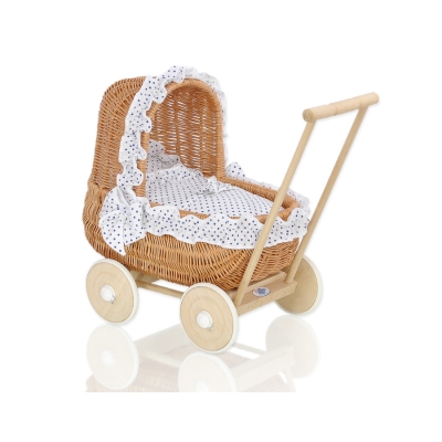 Natuurlijke Rieten Poppenwagen Wit Marineblauw Polkaprikker