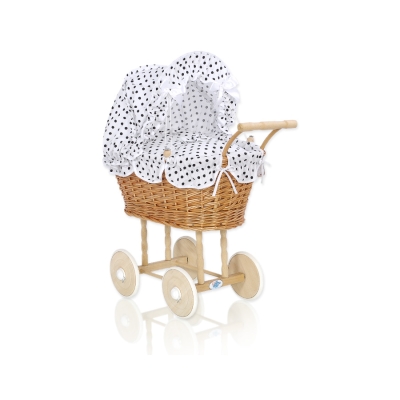 Natuurlijke Rieten Poppenwagen Wit Zwart Polkaprikker