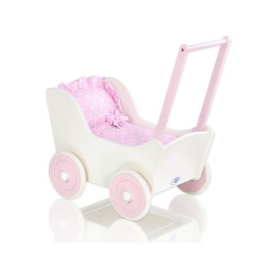 Poppenwagen Hout Roze Wit