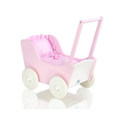 Poppenwagen Hout Roze Wit