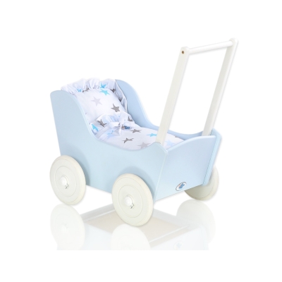 Poppenwagen Hout Wit Blauw