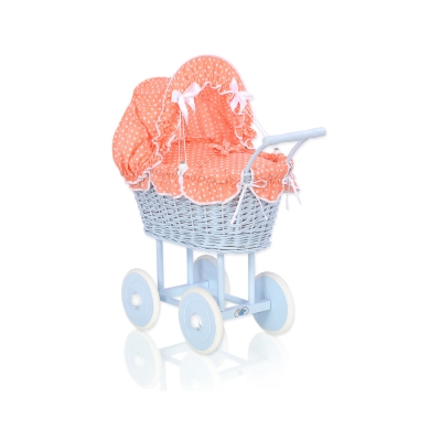 Poppenwagen riet met kap Blauw Polkaprikker Perzik