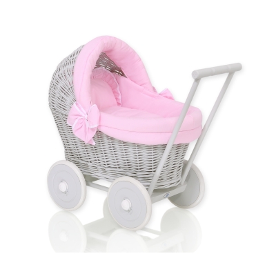 Poppenwagen riet met kap Grijs