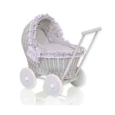 Poppenwagen riet met kap Grijs