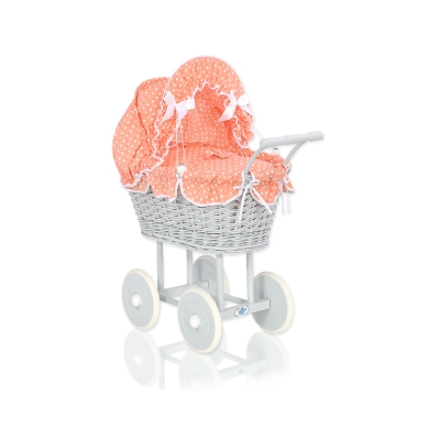 Poppenwagen riet met kap Grijs Perzik