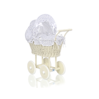 Poppenwagen riet met kap Ivoor Wit Marineblauw Polkaprikker