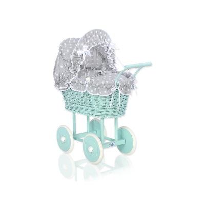Poppenwagen riet met kap Mint Wit Grijs Polkaprikker