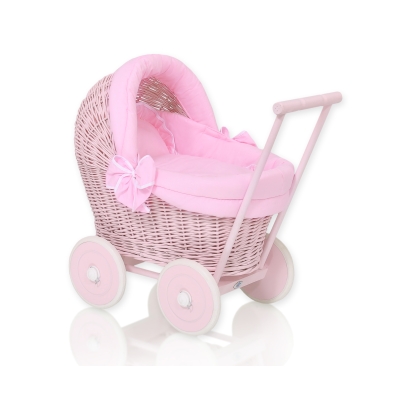 Poppenwagen riet met kap Roze