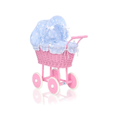 Poppenwagen riet met kap Roze