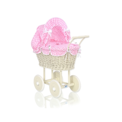 Poppenwagen riet met kap Roze