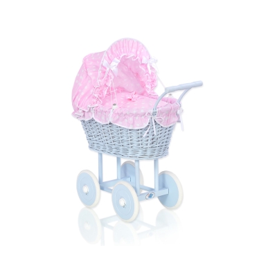 Poppenwagen riet met kap Roze Blauw Polkaprikker