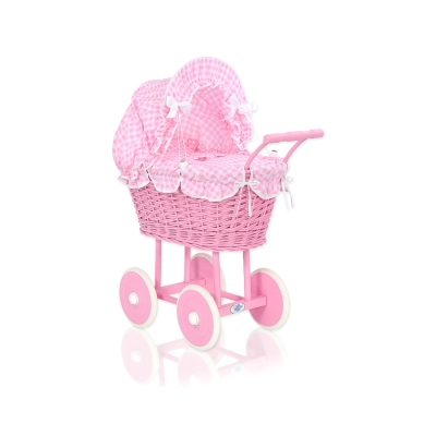 Poppenwagen riet met kap Roze Geruit