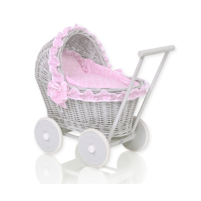 Poppenwagen riet met kap Roze Grijs Polkaprikker