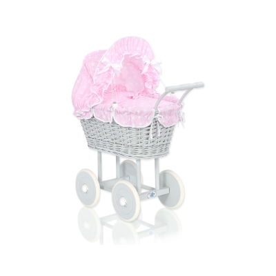 Poppenwagen riet met kap Roze Grijs Polkaprikker