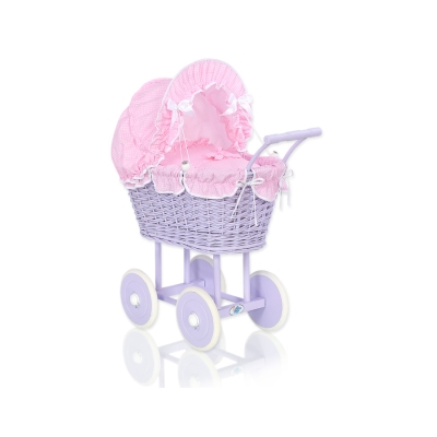 Poppenwagen riet met kap Roze Purper Geruit