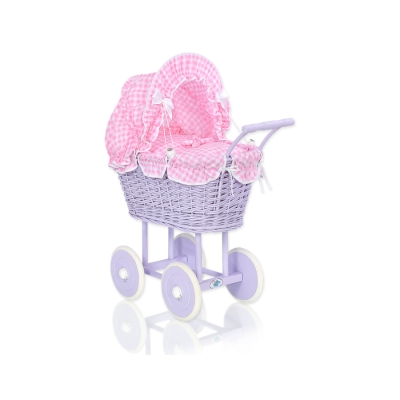 Poppenwagen riet met kap Roze Purper Geruit