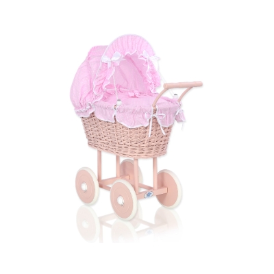 Poppenwagen riet met kap Roze Wit Polkaprikker Poederroze