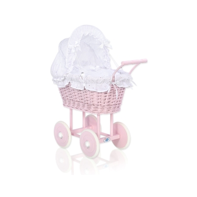 Poppenwagen riet met kap Wit