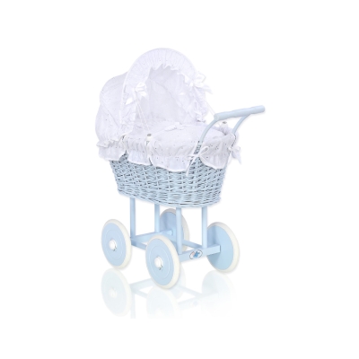 Poppenwagen riet met kap Wit Blauw