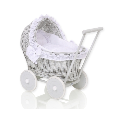 Poppenwagen riet met kap Wit Grijs