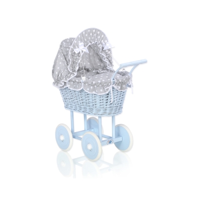 Poppenwagen riet met kap Wit Grijs Blauw Polkaprikker