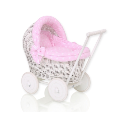 Poppenwagen Riet  Roze Polkaprikker