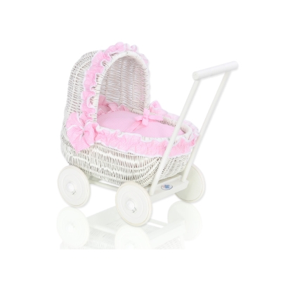 Poppenwagen Riet  Roze Wit