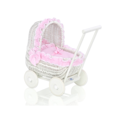 Poppenwagen Riet  Roze Wit Polkaprikker