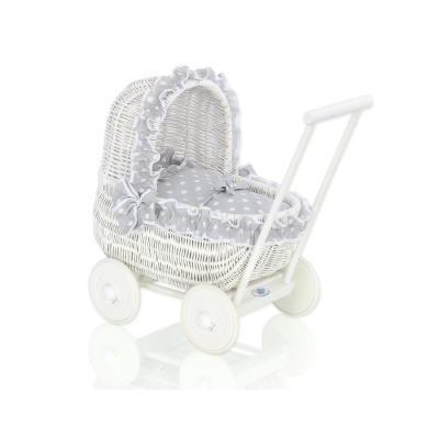 Poppenwagen Riet  Wit Grijs Polkaprikker