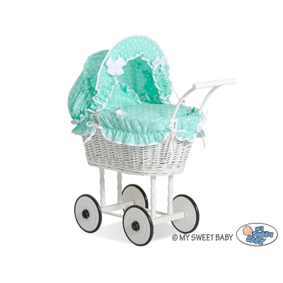 Poppenwagen Riet Wit - Mint Bekleding Wit Polkaprikker